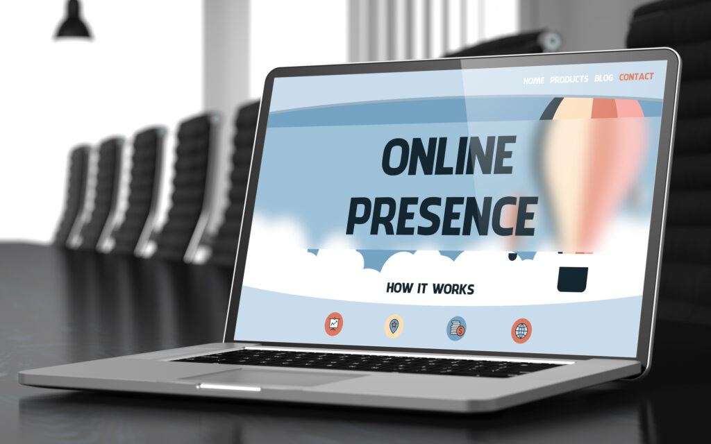 Laptop that shows how to build your online presence in a conference room